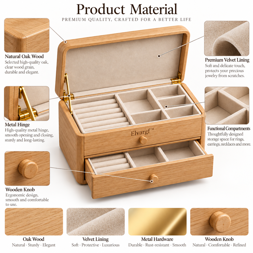 Elvargf™ Natural Bamboo Jewelry Storage Chest - detail 3