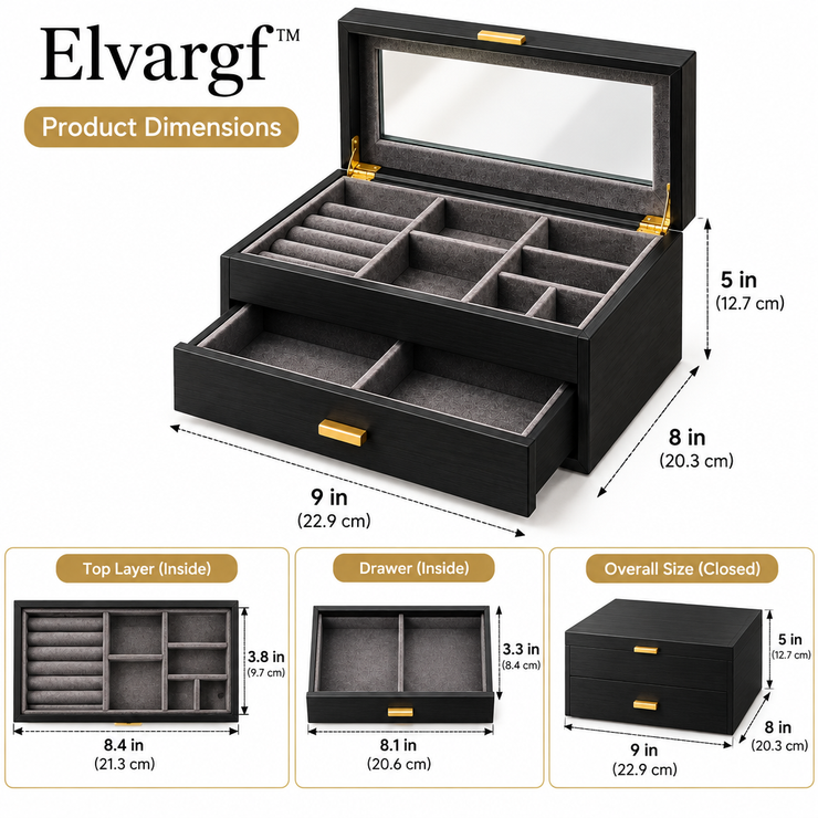 Elvargf™ Onyx Glass-Top Watch & Jewelry Box